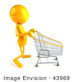 #43969 Royalty-Free (Rf) Illustration Of A 3d Orange Man Mascot Pushing A Shopping Cart - Version 2