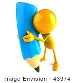 #43974 Royalty-Free (Rf) Illustration Of A 3d Orange Man Mascot With A Giant Blue Pencil - Version 5