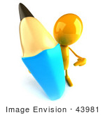 #43981 Royalty-Free (Rf) Illustration Of A 3d Orange Man Mascot With A Giant Blue Pencil - Version 3