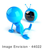 #44022 Royalty-Free (Rf) Illustration Of A 3d Blue Man Mascot Watching Television - Version 2