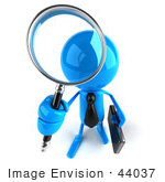 #44037 Royalty-Free (Rf) Illustration Of A 3d Blue Man Mascot Using A Magnifying Glass - Version 2