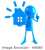 #44060 Royalty-Free (Rf) Illustration Of A 3d Blue Man Mascot Holding A House - Version 1