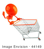 #44149 Royalty-Free (Rf) Illustration Of A 3d Red Man Mascot Pushing A Shopping Cart - Version 2