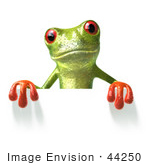 #44250 Royalty-Free (Rf) Illustration Of A Cute Green 3d Frog Standing Behind And Holding Up A Blank Sign