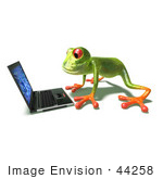 #44258 Royalty-Free (Rf) Illustration Of A Cute Green 3d Frog Using A Laptop - Pose 1