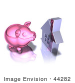 #44282 Royalty-Free (Rf) Illustration Of A 3d Pink Piggy Bank By A Silver House - Pose 1