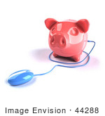 #44288 Royalty-Free (Rf) Illustration Of A 3d Blue Computer Mouse Around A Pink Piggy Bank - Pose 3