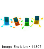 #44307 Royalty-Free (Rf) Illustration Of Four 3d Slim Blue Orange Green And Yellow Cellphone Mascots Jumping