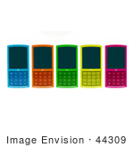#44309 Royalty-Free (Rf) Clipart Illustration Of Five Colorful 3d Cellphones Laying Flat On A Surface