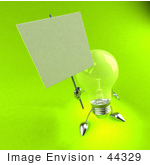 #44329 Royalty-Free (Rf) Illustration Of A Green 3d Incandescent Light Bulb Mascot Holding A Blank Sign On A Post - Version 3