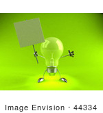 #44334 Royalty-Free (Rf) Illustration Of A Green 3d Incandescent Light Bulb Mascot Holding A Blank Sign On A Post - Version 4