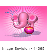 #44365 Royalty-Free (Rf) Illustration Of A 3d Pink Elephant Mascot Standing On A Circus Ball And Spraying Water - Pose 3