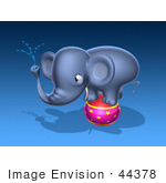 #44378 Royalty-Free (Rf) Illustration Of A 3d Blue Elephant Mascot Standing On A Circus Ball And Spraying Water - Pose 2