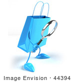 #44394 Royalty-Free (Rf) Illustration Of A 3d Blue Shopping Bag Mascot Using A Magnifying Glass