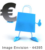 #44395 Royalty-Free (Rf) Illustration Of A Blue 3d Shopping Bag Mascot With Arms And Legs Holding A Euro Symbol - Pose 3