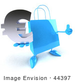 #44397 Royalty-Free (Rf) Illustration Of A Blue 3d Shopping Bag Mascot With Arms And Legs Holding A Euro Symbol - Pose 2