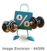 #44399 Royalty-Free (Rf) Illustration Of A 3d Blue Percent Shopping Bag Mascot Lifting Weights