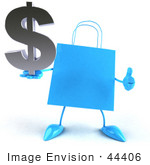 #44406 Royalty-Free (Rf) Illustration Of A Blue 3d Shopping Bag Mascot With Arms And Legs Holding A Dollar Symbol - Pose 3