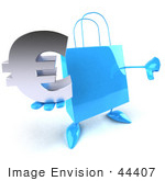 #44407 Royalty-Free (Rf) Illustration Of A Blue 3d Shopping Bag Mascot With Arms And Legs Holding A Euro Symbol - Pose 1