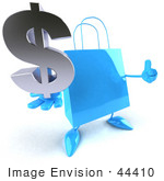 #44410 Royalty-Free (Rf) Illustration Of A Blue 3d Shopping Bag Mascot With Arms And Legs Holding A Dollar Symbol - Pose 2