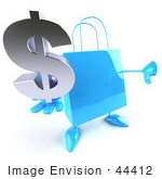 #44412 Royalty-Free (Rf) Illustration Of A Blue 3d Shopping Bag Mascot With Arms And Legs Holding A Dollar Symbol - Pose 1