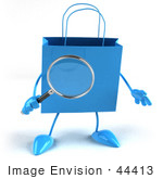 #44413 Royalty-Free (Rf) Illustration Of A 3d Blue Shopping Bag Mascot Holding A Magnifying Glass