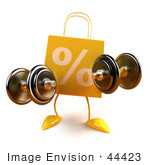 #44423 Royalty-Free (Rf) Illustration Of A 3d Yellow Percent Shopping Bag Mascot Holding Weights