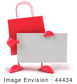 #44434 Royalty-Free (Rf) Illustration Of A 3d Red Shopping Bag Mascot Pointing At And Holding A Blank Business Card