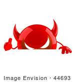 #44693 Royalty-Free (Rf) Illustration Of A 3d Red Devil Head Mascot Giving The Thumbs Up And Standing Behind A Blank Sign
