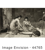 #44765 Royalty-Free Stock Illustration Of A Sepia Toned Scene Of Two Young Women Feeding Kittens And Cats Around A Large Saucer