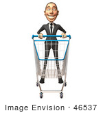 #46537 Royalty-Free (Rf) Illustration Of A 3d White Corporate Businessman Mascot Pushing A Shopping Cart - Version 1