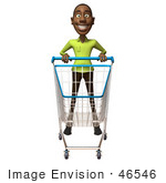 #46546 Royalty-Free (Rf) Illustration Of A 3d Casual Black Man Mascot Pushing A Shopping Cart - Version 1