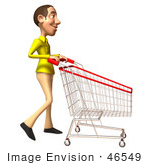 #46549 Royalty-Free (Rf) Illustration Of A 3d Casual White Man Mascot Pushing A Shopping Cart - Version 1