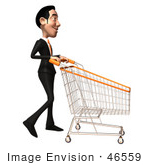 #46559 Royalty-Free (Rf) Illustration Of A 3d White Businessman Mascot Pushing A Shopping Cart - Version 2