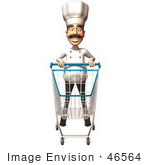 #46564 Royalty-Free (Rf) Illustration Of A 3d Chef Henry Mascot Pushing A Shopping Cart - Version 6