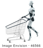 #46566 Royalty-Free (Rf) Illustration Of A 3d Female Robot Mascot Pushing A Shopping Cart - Version 2