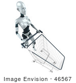 #46567 Royalty-Free (Rf) Illustration Of A 3d Female Robot Mascot Pushing A Shopping Cart - Version 3