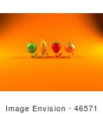 #46571 Royalty-Free (Rf) Illustration Of 3d Green Apple Banana Strawberry And Orange Mascots Marching Right - Version 2