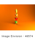 #46574 Royalty-Free (Rf) Illustration Of 3d Green Apple Banana Strawberry And Orange Mascots Standing On Top Of Each Other - Version 4