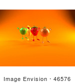 #46576 Royalty-Free (Rf) Illustration Of 3d Green Apple Banana Strawberry And Orange Mascots Jumping In A Line - Version 3