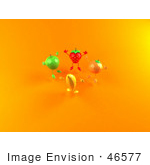 #46577 Royalty-Free (Rf) Illustration Of A 3d Green Apple Banana Strawberry And Orange Mascots Jumping In A Circle - Version 2