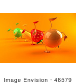 #46579 Royalty-Free (Rf) Illustration Of 3d Green Apple Banana Strawberry And Orange Mascots Doing Cartwheels In A Line - Version 2