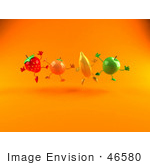 #46580 Royalty-Free (Rf) Illustration Of A Line Of 3d Green Apple Banana Strawberry And Orange Mascots Leaping