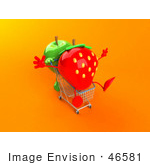 #46581 Royalty-Free (Rf) Illustration Of A 3d Green Apple Mascot Pushing A Strawberry In A Shopping Cart - Version 4