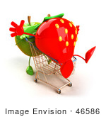 #46586 Royalty-Free (Rf) Illustration Of A 3d Green Apple Mascot Pushing A Strawberry In A Shopping Cart - Version 1