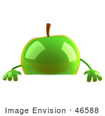 #46588 Royalty-Free (Rf) Illustration Of A 3d Green Apple Mascot Standing Behind A Blank Sign