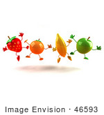 #46593 Royalty-Free (Rf) Illustration Of A Line Of 3d Orange Banana Green Apple And Strawberry Mascots Jumping