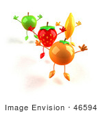 #46594 Royalty-Free (Rf) Illustration Of 3d Green Apple Banana Strawberry And Orange Mascots Jumping In A Line - Version 1