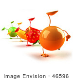 #46596 Royalty-Free (Rf) Illustration Of 3d Green Apple Banana Strawberry And Orange Mascots Doing Cartwheels In A Line - Version 1