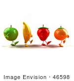 #46598 Royalty-Free (Rf) Illustration Of 3d Green Apple Banana Strawberry And Orange Mascots Marching Right - Version 1